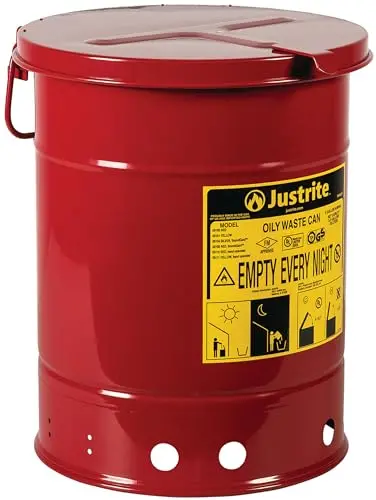 Justrite 6-Gallon Oily Waste Can – Galvanized Steel, Self-Closing Lid, Red