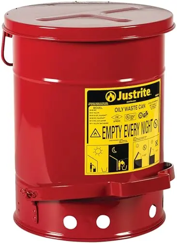Justrite 6-Gallon Oily Waste Safety Can – Foot-Operated Self-Closing Lid, Red Galvanized Steel, Made in USA