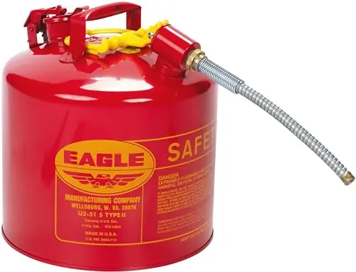 Justrite U251SX5 5-Gallon Type II Red Gas Can – Flame Arrester, Self-Closing Lid, 12″ × 5/8″ Hose