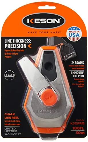 Keson K3XPRO Chalk Line Reel – 100-Foot Capacity, 3X1 Auto-Rewind Precision String Dispenser