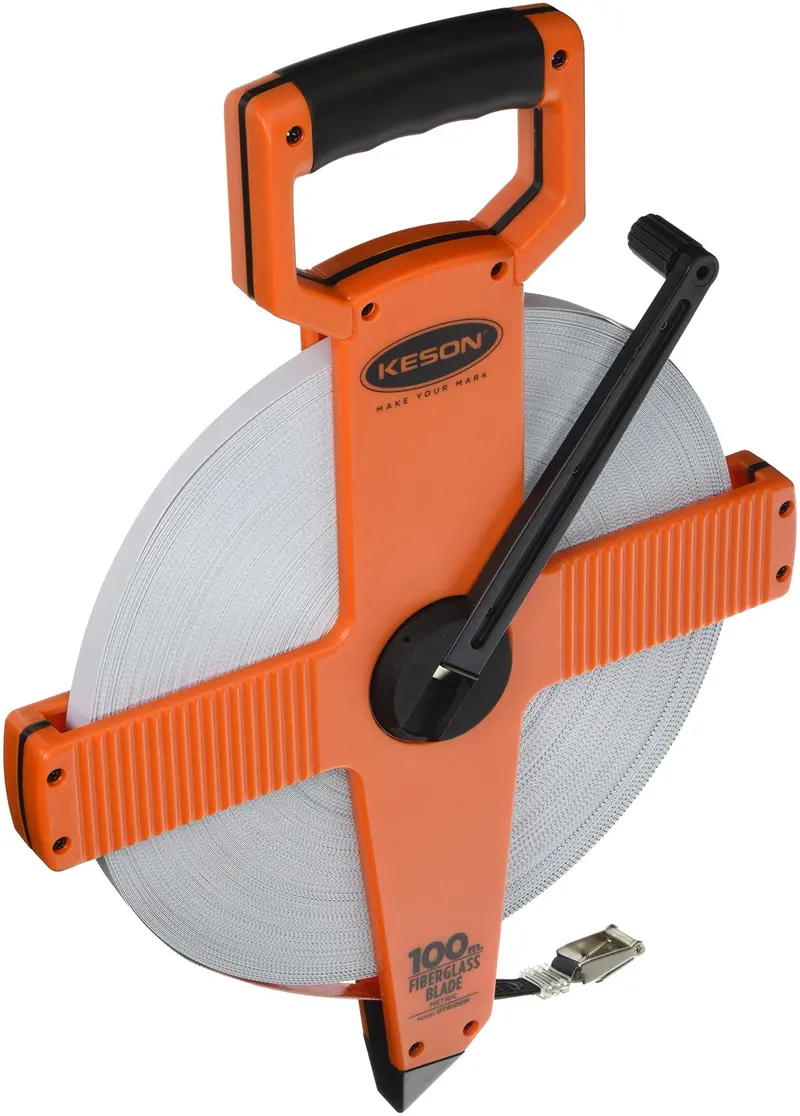 Keson OTR100M Open-Reel Fiberglass Tape Measure – 100-Meter, 2mm Graduations