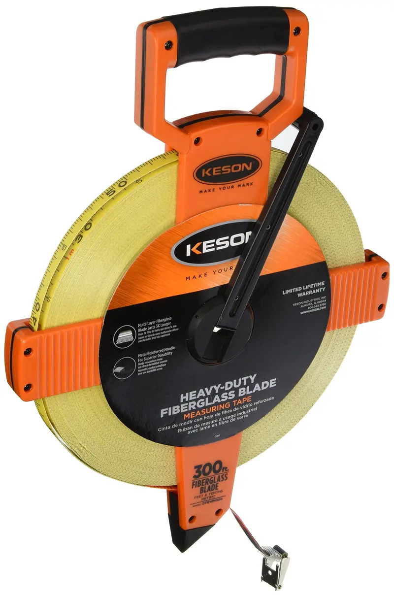 Keson OTR10M300 Open-Reel Fiberglass Tape Measure – 100m / 300ft, Triple Graduation Scale