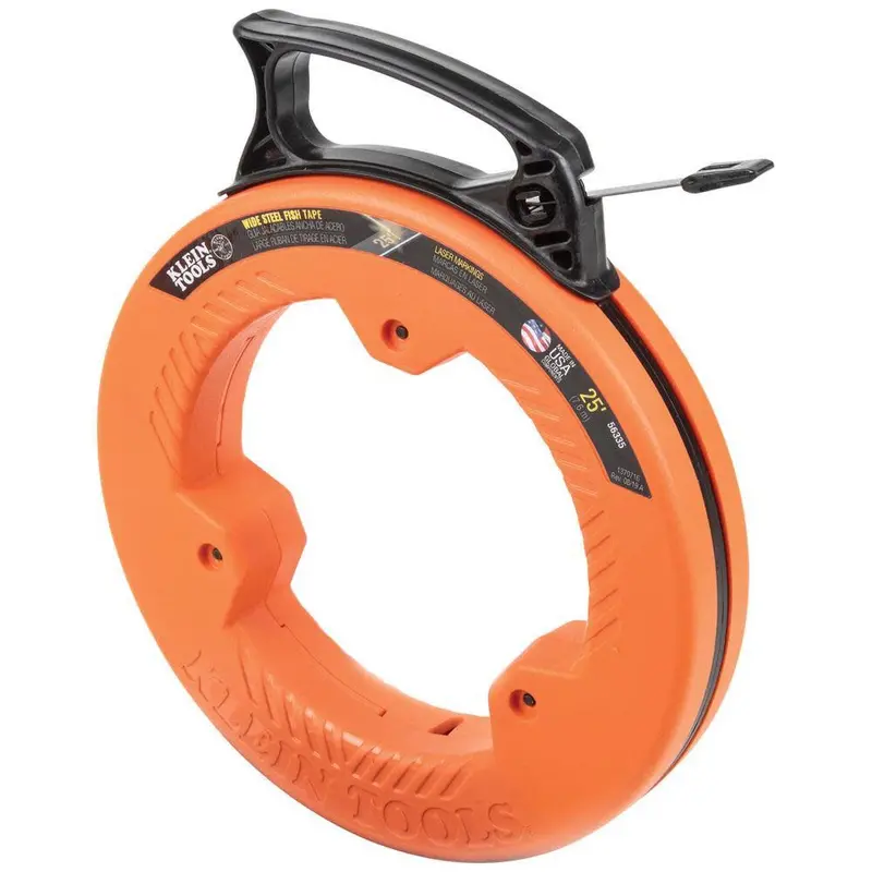 Klein Tools 56335 25-Foot Flat Steel Fish Tape – 1/4-Inch Wide Spring Steel Puller with Laser-Etched Markings