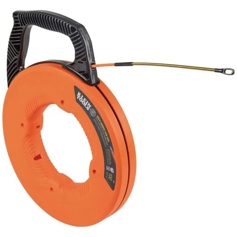 Klein Tools 56380 Non-Conductive Fiberglass Fish Tape – 100-Foot Puller with Steel Leader & Multi-Groove Design