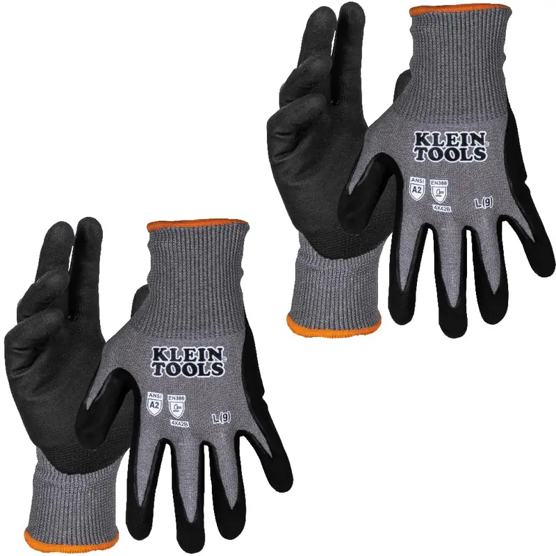 Klein Tools 60585 Knit-Dipped Cut-Resistant Gloves – Level A2, Touchscreen-Compatible, Large (2-Pair)