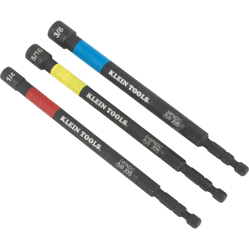 Klein Tools 65411PK3 Magnetic Color-Coded Nut Setter Set – 1/4″ Impact Hex, 5″ Extended Reach