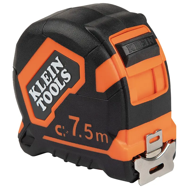 Klein Tools 9375 Heavy-Duty Tape Measure – 7.5 m Dual-Scale, Nylon-Reinforced Blade with Double Hook & Belt Clip