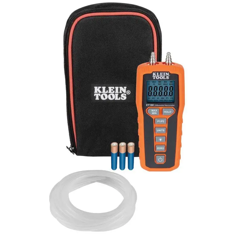 Klein Tools ET180 Digital Manometer – Differential Air/Gas Pressure Gauge with Dual Ports & Backlit LCD