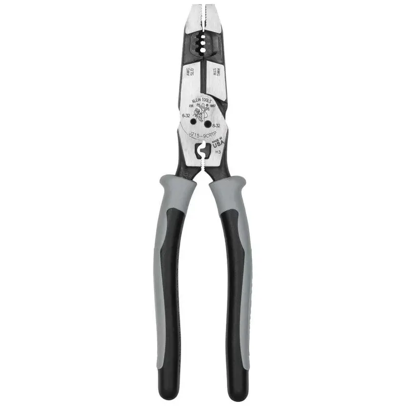 Klein Tools J2159CRTP Hybrid Lineman’s Pliers – 9″ High-Leverage Side Cutters with Crimper, Fish Tape Puller & Stripper