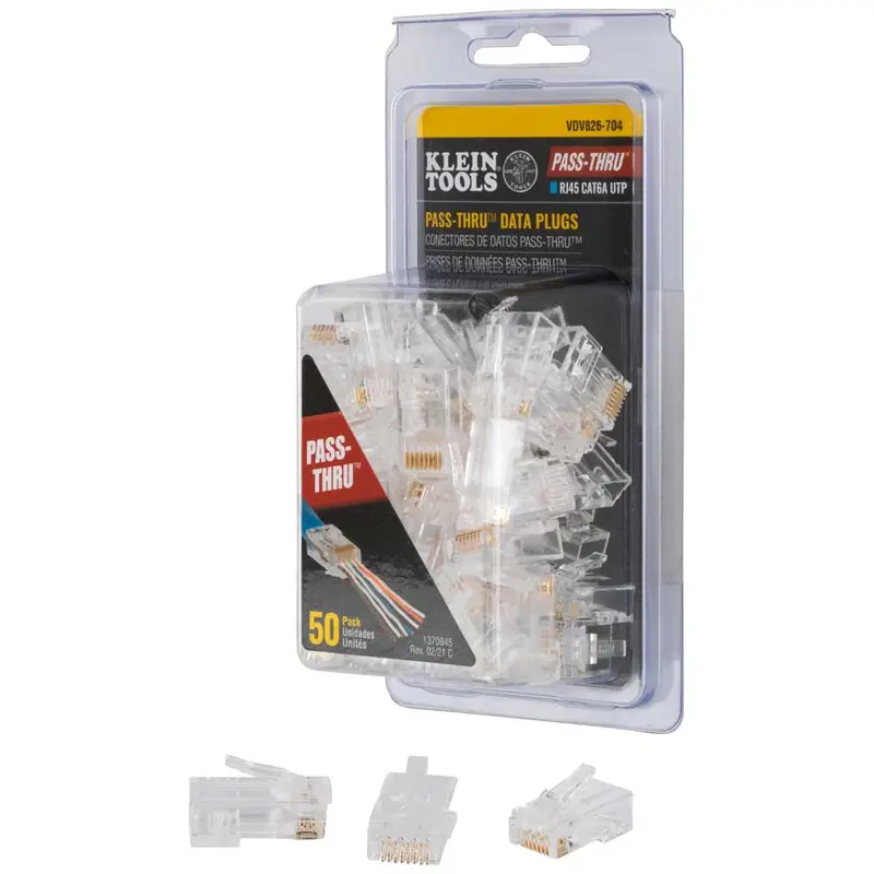 Klein Tools RJ-45 CAT6A Pass-Thru Data Plugs – UTP Modular Connectors (Pack of 50)