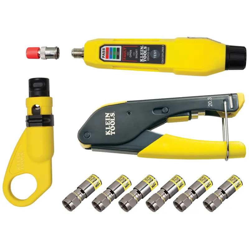 Klein Tools VDV002-818 Coax Installation & Test Kit – Includes Crimp Tool, Tester, Stripper & Universal F Connectors