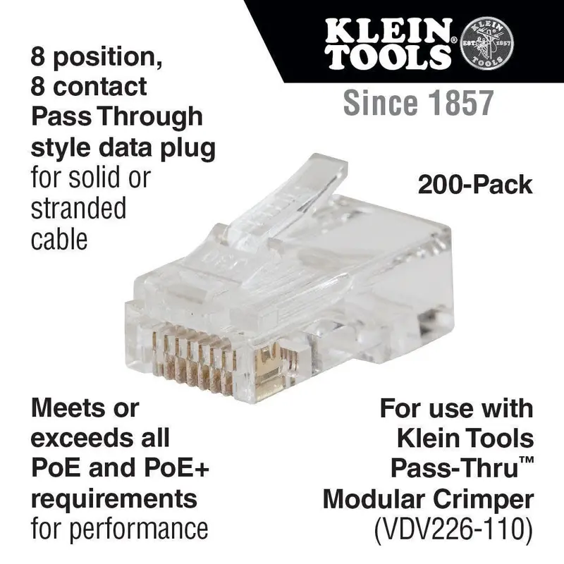 Klein Tools VDV826-763 CAT6 Pass-Through RJ45 Plugs – Gold-Plated Modular Connectors, 200-Pack