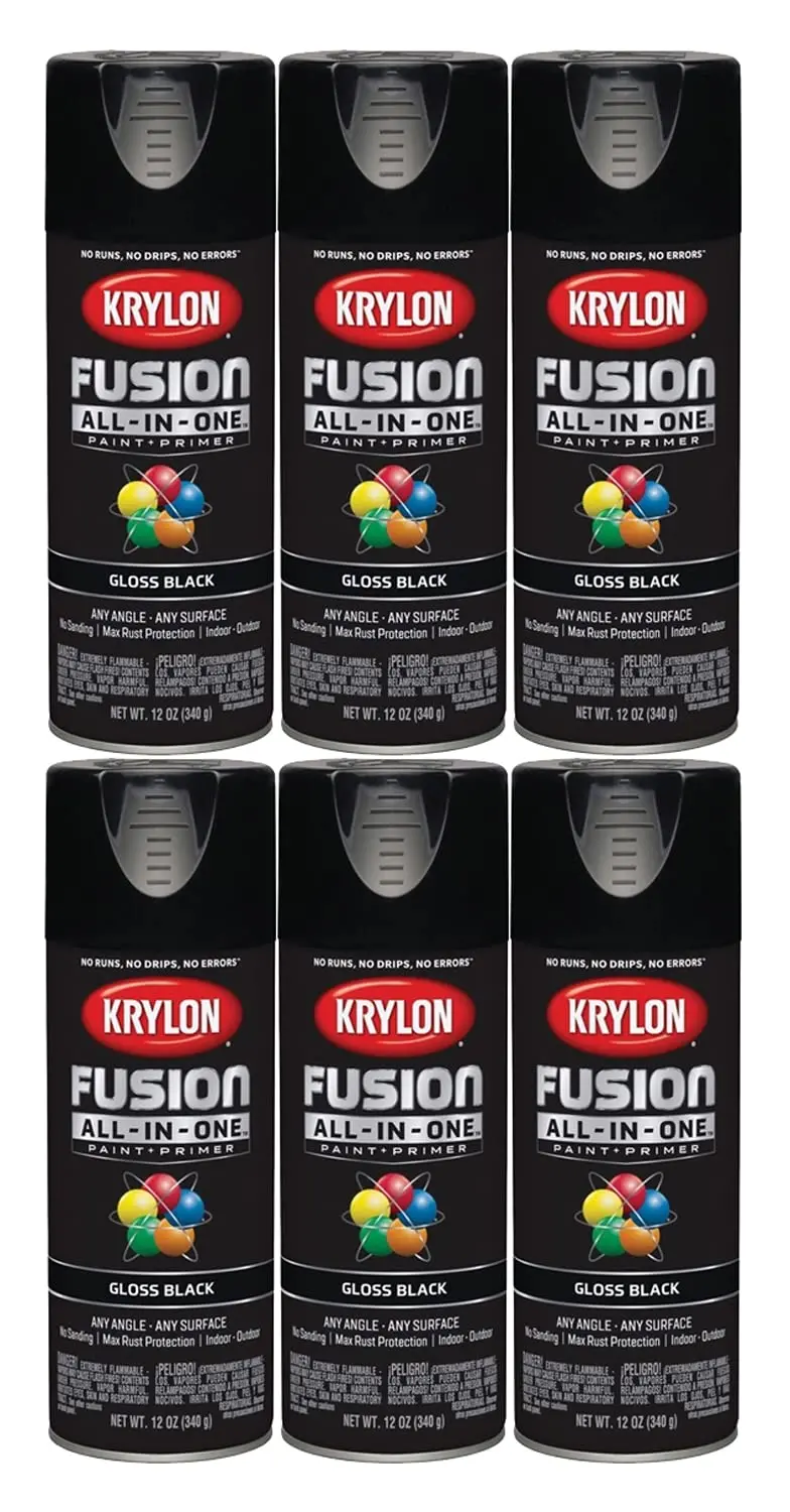 Krylon Fusion K02702007 Gloss Black All-in-One Spray Paint – 12 oz Can (6-Pack Bundle)