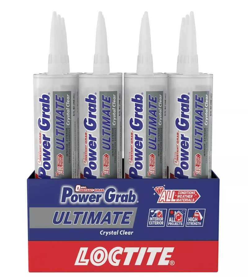 Loctite Power Grab Ultimate Crystal Clear Construction Adhesive — 9 fl oz Cartridge (Case of 12), Bonds Glass, Metal, Wood & More