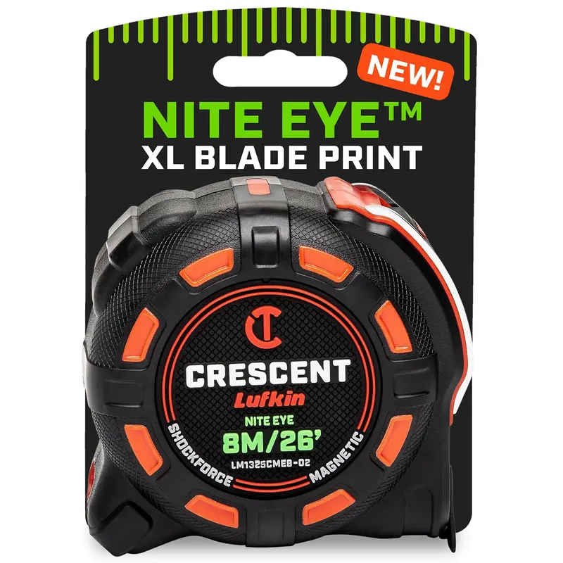 Lufkin SHOCKFORCE NITE EYE Magnetic Tape Measure – 25-Foot / 8-Meter Metric, Glow Blade