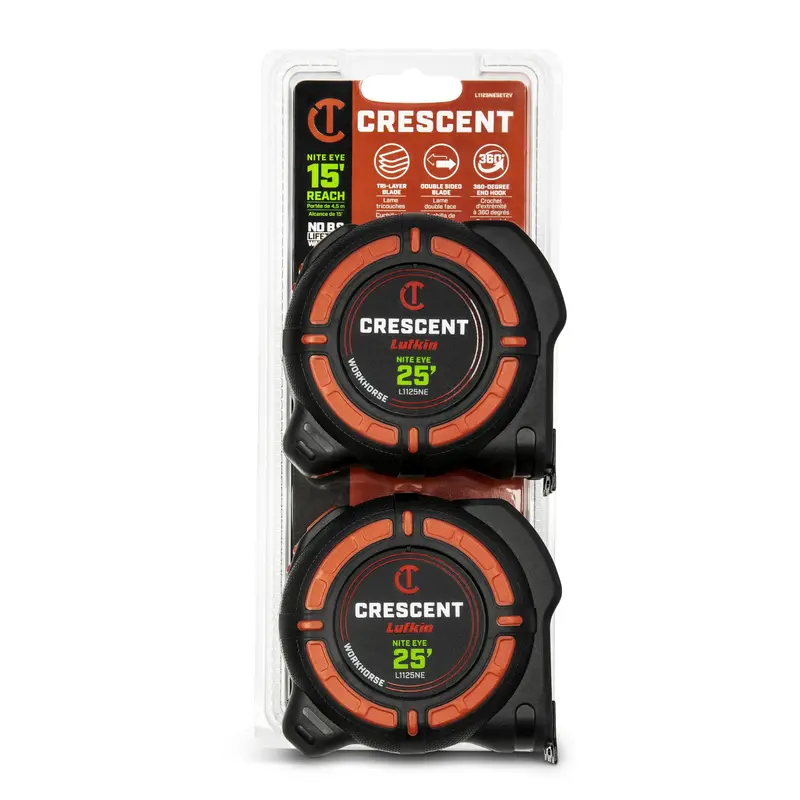 Lufkin WORKHORSE NITE EYE 25-Foot SAE Tape Measure – Glow-in-the-Dark Blade, Dual-Pack