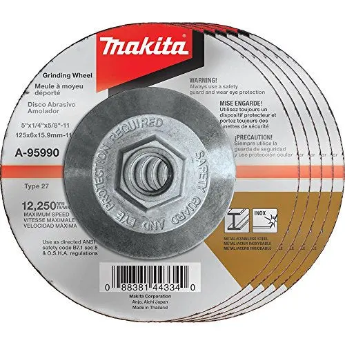 Makita A-95990-5 INOX Hubbed Grinding Wheel – 5″ x 1/4″ x 5/8-11″, 36 Grit, 5-Pack