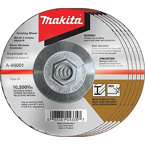 Makita A-96001-5 INOX Hubbed Grinding Wheel – 6″ x 1/4″, 36 Grit, 5-Pack