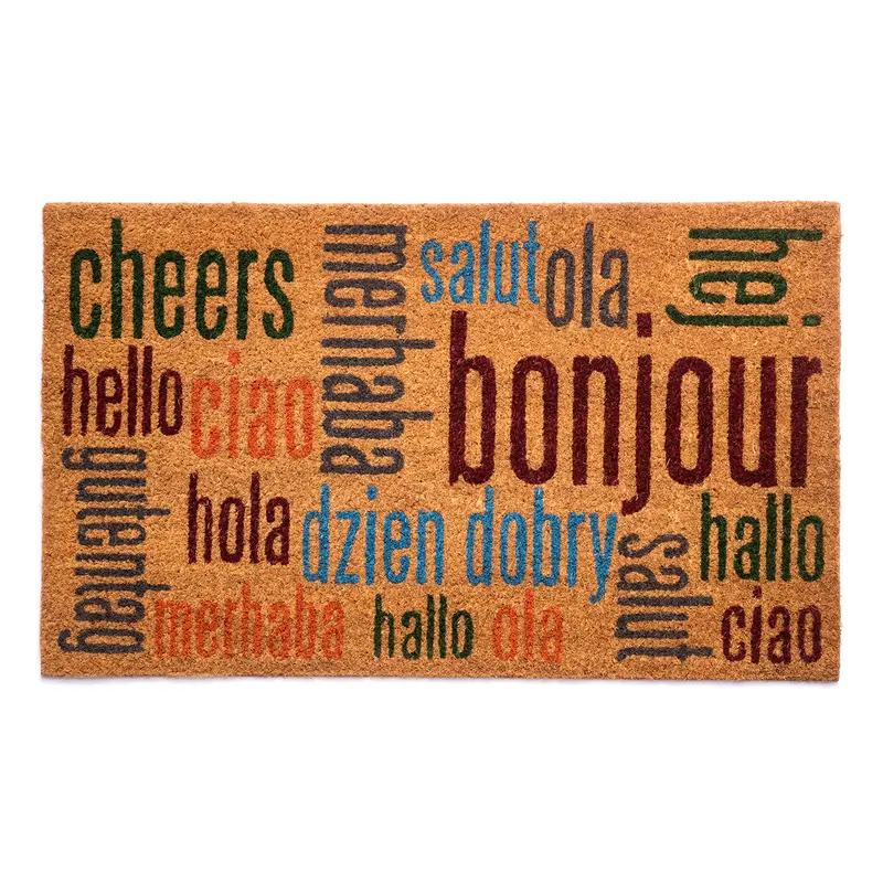 Notrax Multi-Lingual Vinyl-Backed Coir Entry Mat – 18″ x 30″, Indoor/Outdoor Use, Hello Design