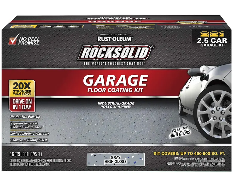 Rust-Oleum RockSolid Polycuramine Garage Floor Coating Kit – 2.5-Car Coverage, High-Gloss Gray