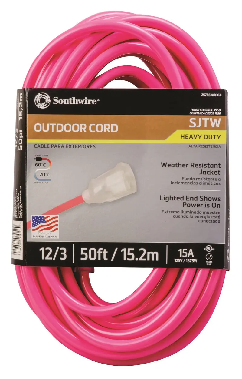 Southwire 12-Gauge High-Visibility Outdoor Extension Cord – Cool Pink, 50 Feet, SJTW with Lighted End