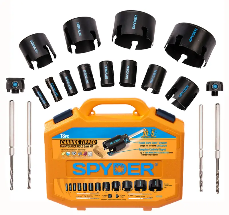 Spyder Rapid Core Eject Hole Saw Kit — 18-Piece Tungsten Carbide-Tipped Set