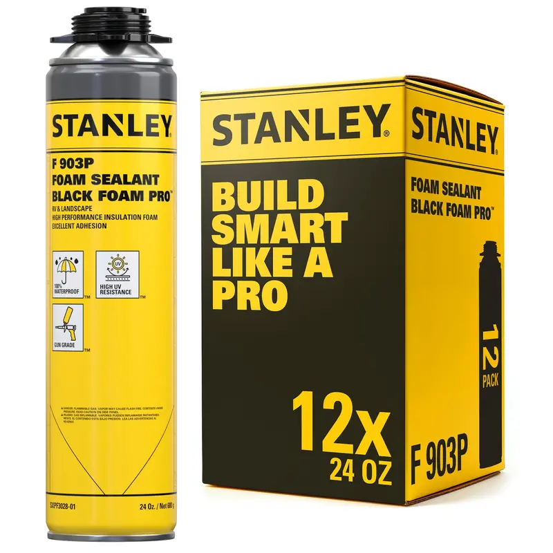 STANLEY Black Foam Pro Spray Sealant – UV-Resistant, Waterproof Expanding Polyurethane for RVs, Auto & Outdoor Use – 24 oz (Case of 12), Gun-Required