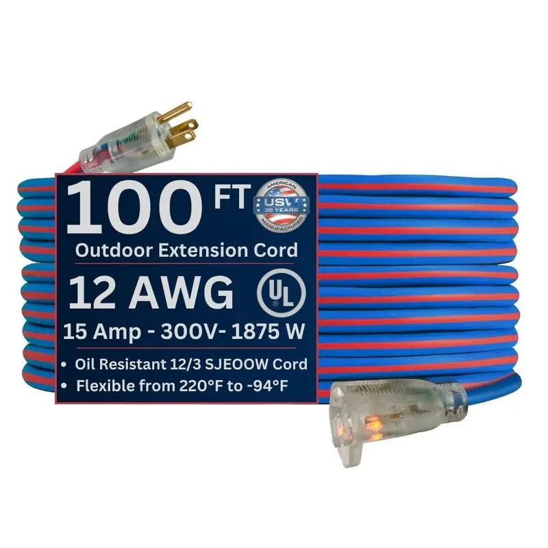 US Wire 12/3 SJEOW TPE 100-Foot Extreme-Weather Extension Cord – Blue Jacket with Illuminated Plug