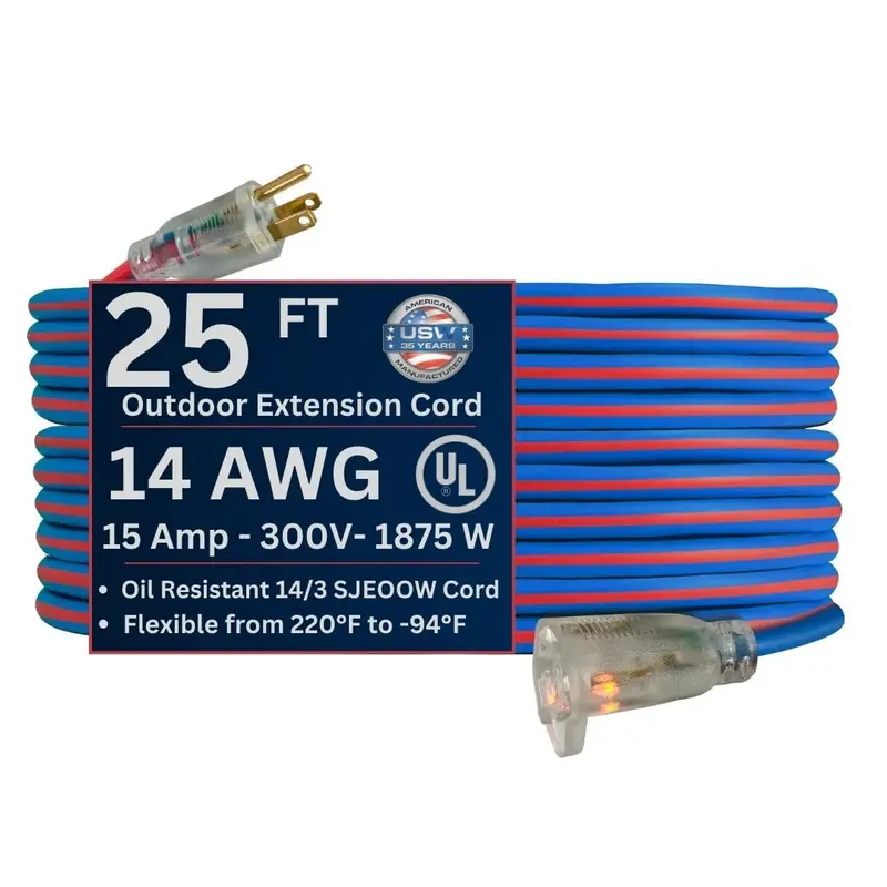 US Wire 25-Foot 14/3 SJEOW Cold-Weather Extension Cord – Blue with Lighted Plug