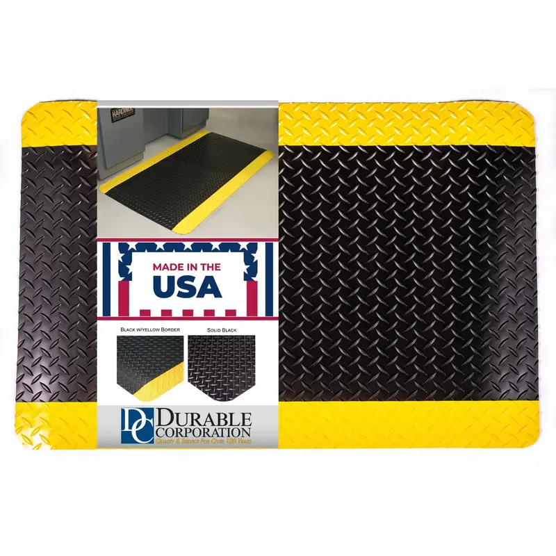 Vinyl Diamond-Dek Industrial Anti-Fatigue Floor Mat – 3 ft x 5 ft, Black with Yellow Border