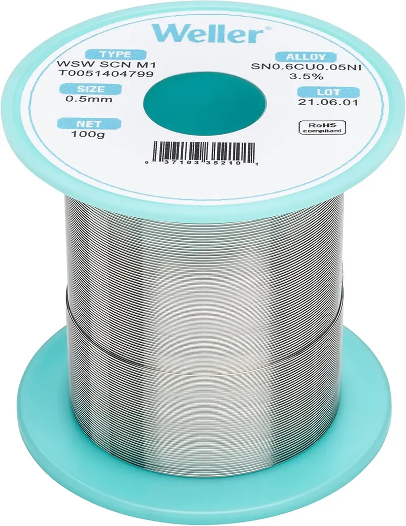 Weller WSW SCN M1 Lead-Free Solder Wire – 0.5 mm / 3.5 oz, Sn99.3Cu0.6Ni0.05 Alloy, 3.5% Flux