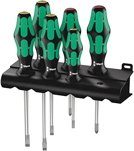 Wera Kraftform Plus 334/6 Screwdriver Set – 6-Piece Ergonomic Kit with Rack & Lasertip, Slotted & Phillips Tips