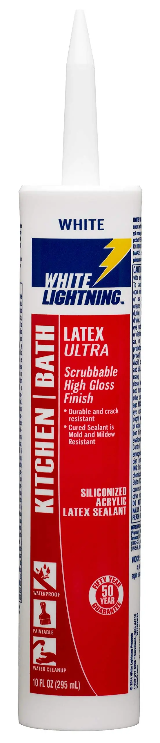 White Lightning W21000010 Kitchen & Bath Latex High-Gloss Sealant – 10 oz, White