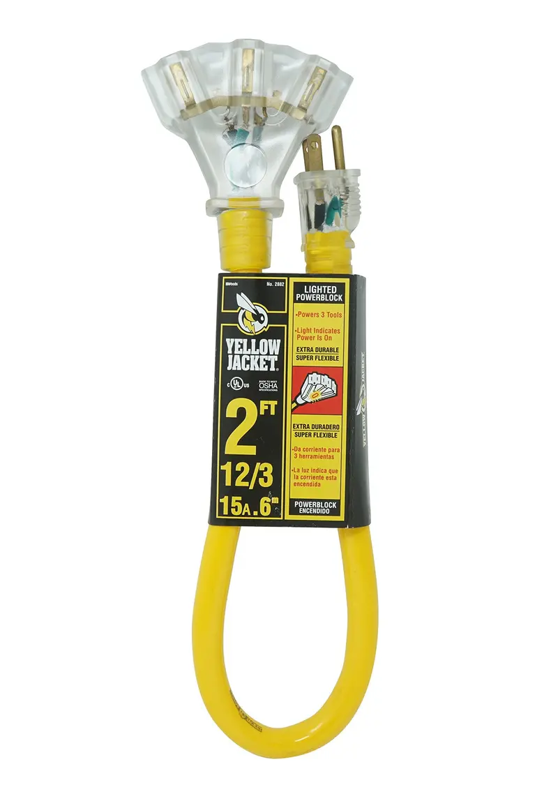 Yellow Jacket 2882 UL-Listed 12/3 SJTW Lighted Extension Cord – 2 ft, 15A, Triple Outlet, Contractor Grade