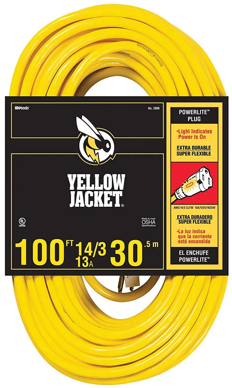 Yellow Jacket 2888 UL-Certified Heavy-Duty Extension Cord – 100′ SJTW, 14/3 Gauge, 13A, Lighted 3-Prong Outlet, Yellow